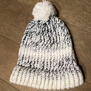 Hand Crafted Neutral Cozy Knit Toque with Pom-Pom in White + Grey Size OS